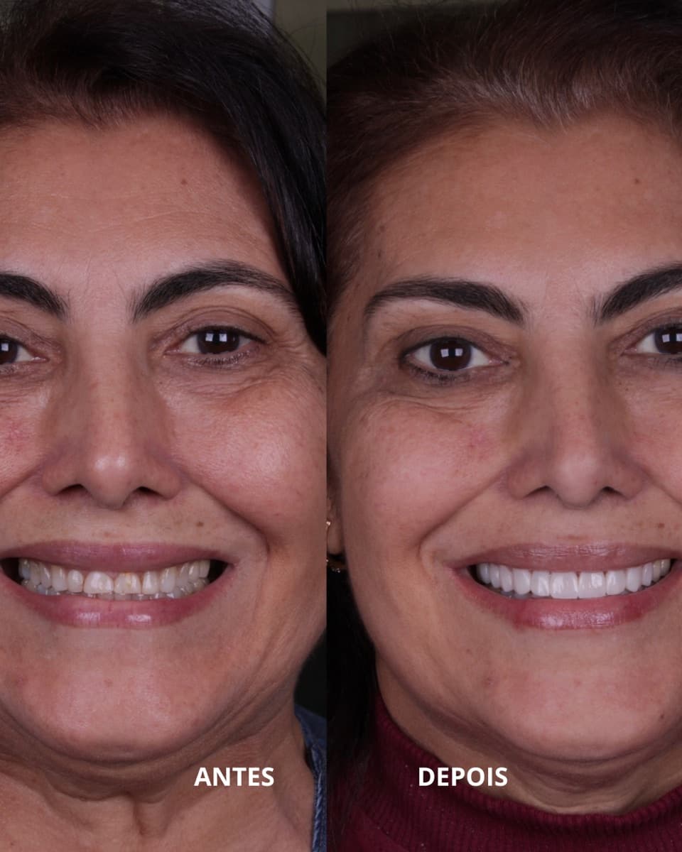 Antes e depois de facetas de resina com resultado natural